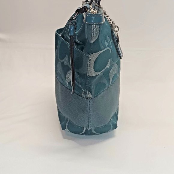 COACH F20429 Signature Stripe Metallic Turquoise Tote Shoulder Bag Purse EUC - Picture 5 of 14